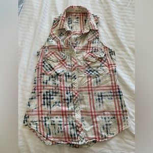 BELLA DAHL Sleeveless Distressed Plaid Button Down Red White Blue VGUC size XS